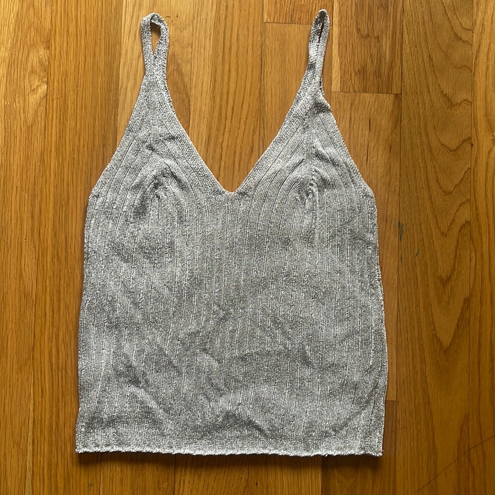 H&M Shimmery Tank Top Sleeveless, Slim Fit, Plunge Back and V-neck Size S Sliver